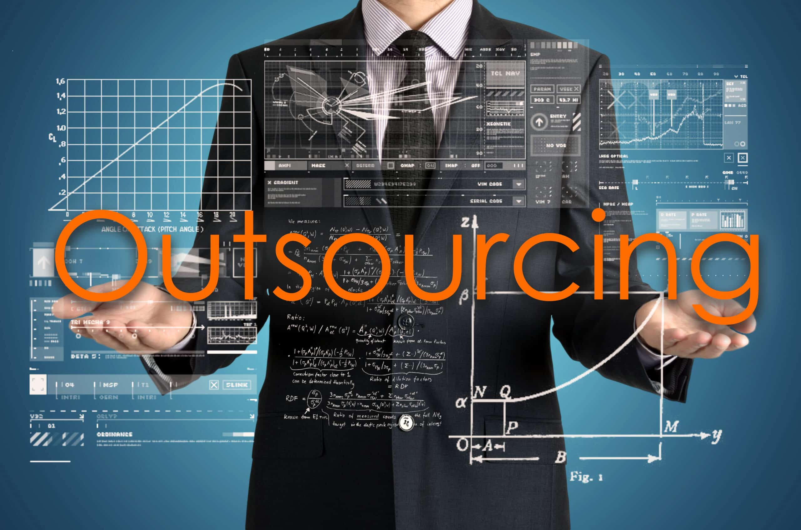 businessman presenting the word outsourcing for IT for small businesses